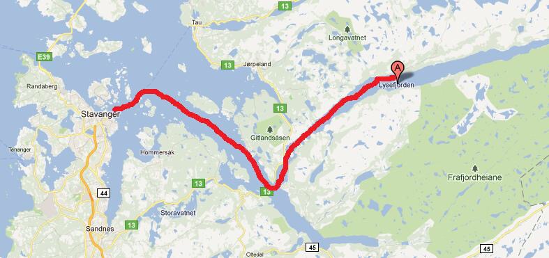 Mapa do trajeto para Preikestolen Norway